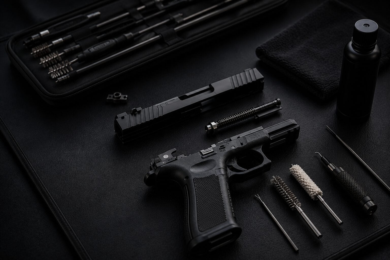 Disassembled pistol laid out with a cleaning and maintenance kit – Para Bellum Switzerland