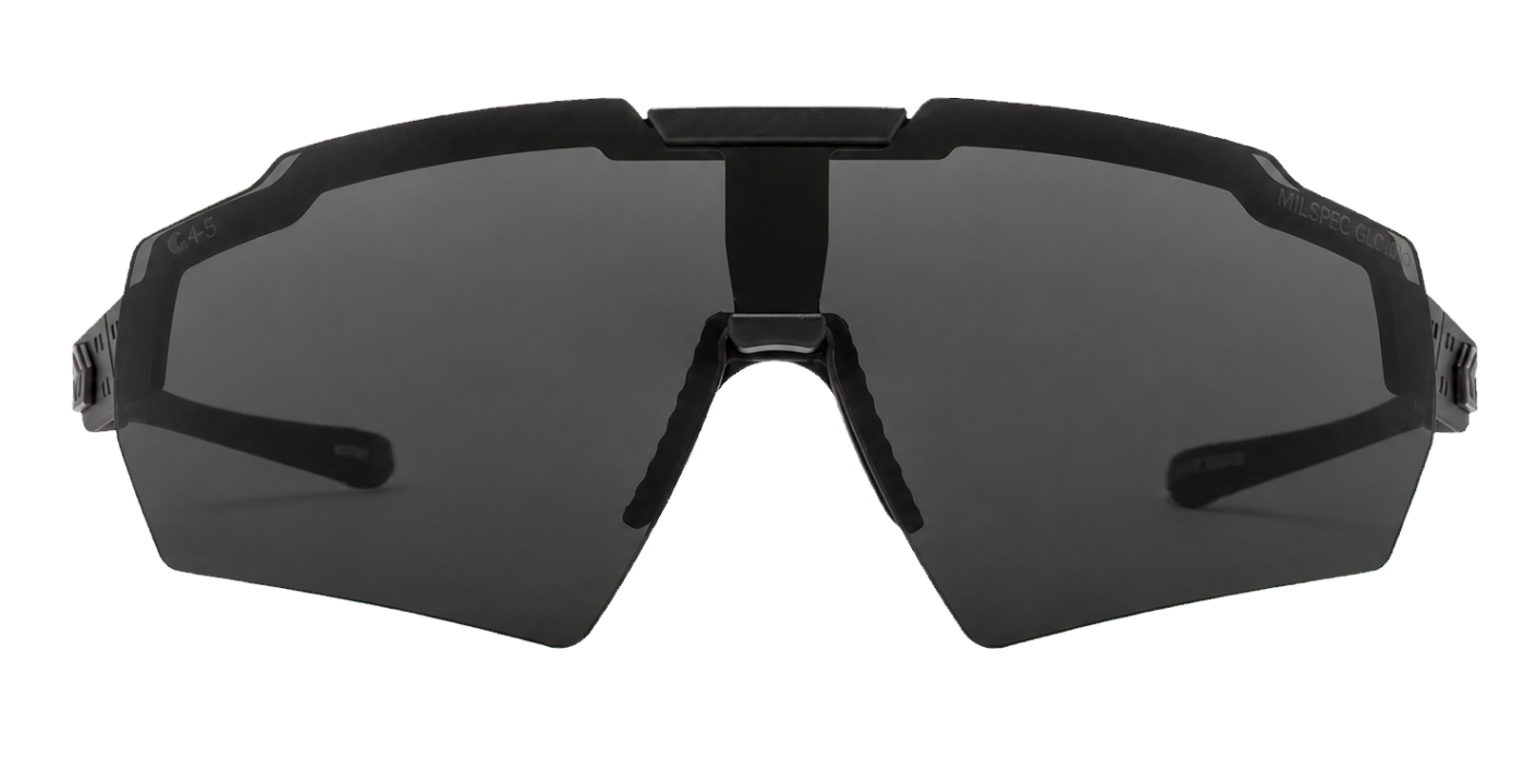 Front view of GATORZ Blastshield ICM tactical ballistic sunglasses with black frame and smoke lens, studio photo on transparent background - Para Bellum Switzerland