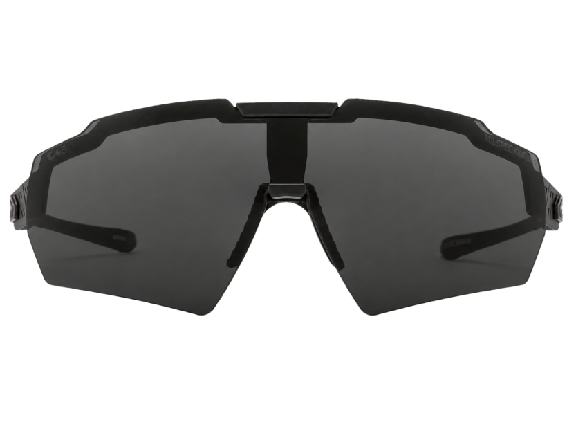 Front view of GATORZ Blastshield ICM tactical ballistic sunglasses with black frame and smoke lens, studio photo on transparent background - Para Bellum Switzerland