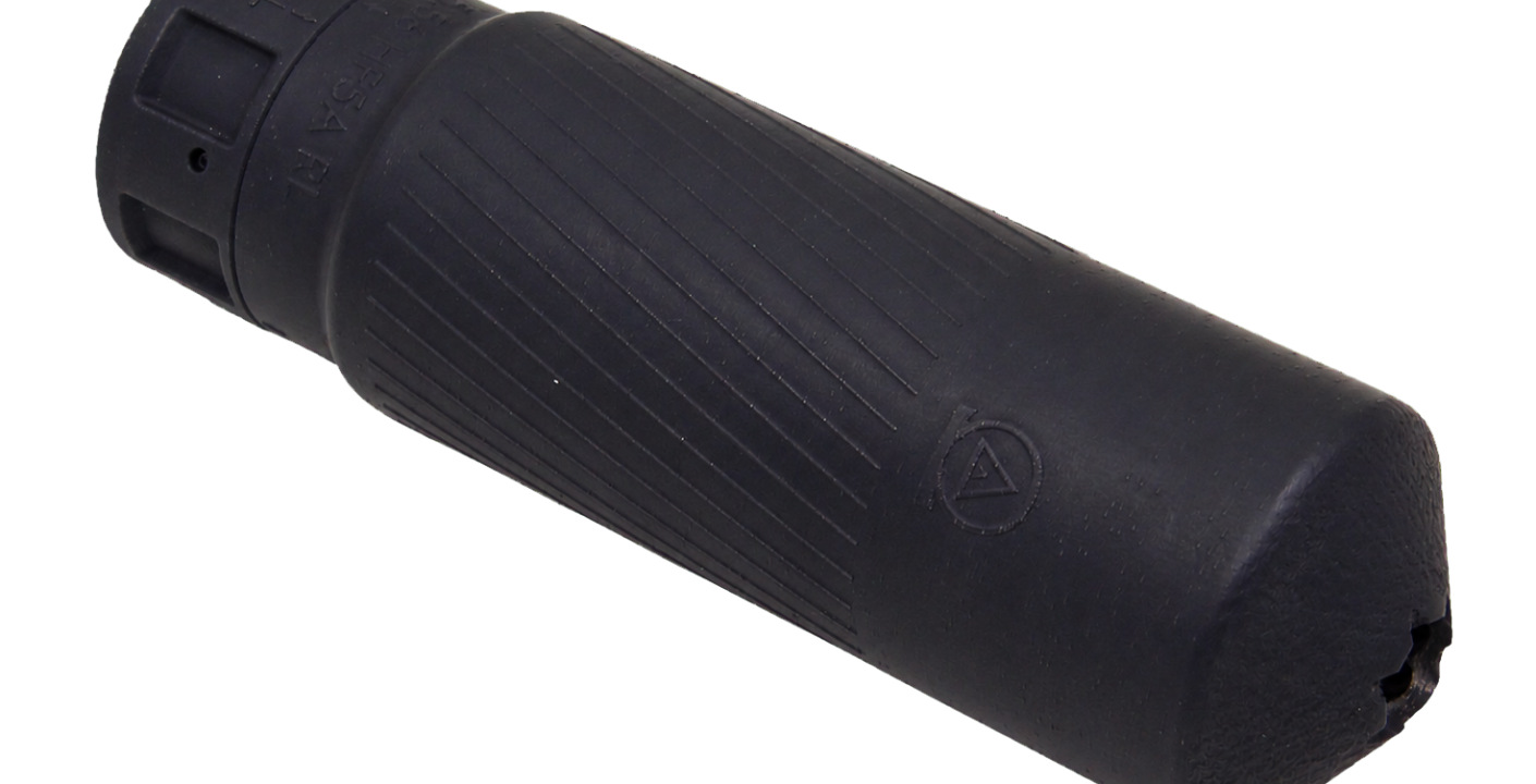 Angled studio view of the HyFlow G5 suppressor with textured black polymer body, studio photo on transparent background - Para Bellum Switzerland