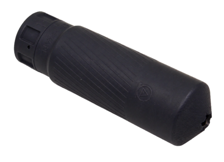Angled studio view of the HyFlow G5 suppressor with textured black polymer body, studio photo on transparent background - Para Bellum Switzerland
