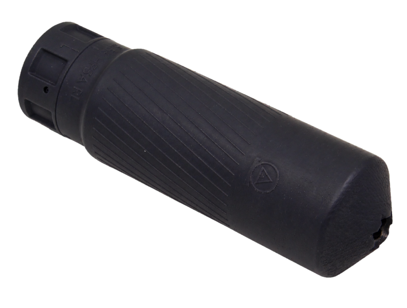 Angled studio view of the HyFlow G5 suppressor with textured black polymer body, studio photo on transparent background - Para Bellum Switzerland