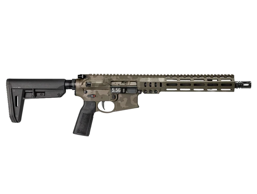 Sons of Liberty Gun Works MK1 tactical rifle in multi-tone camouflage finish with M-LOK handguard and adjustable stock, studio photo on transparent background - Para Bellum Switzerland